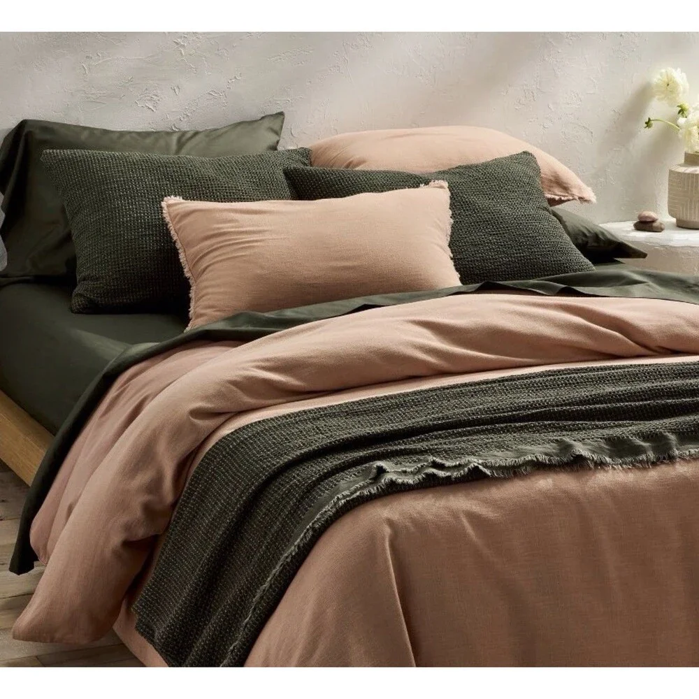 SET Textured Waffle Queen Coverlet & 2 Standard Shams Olive Green - Casaluna NEW